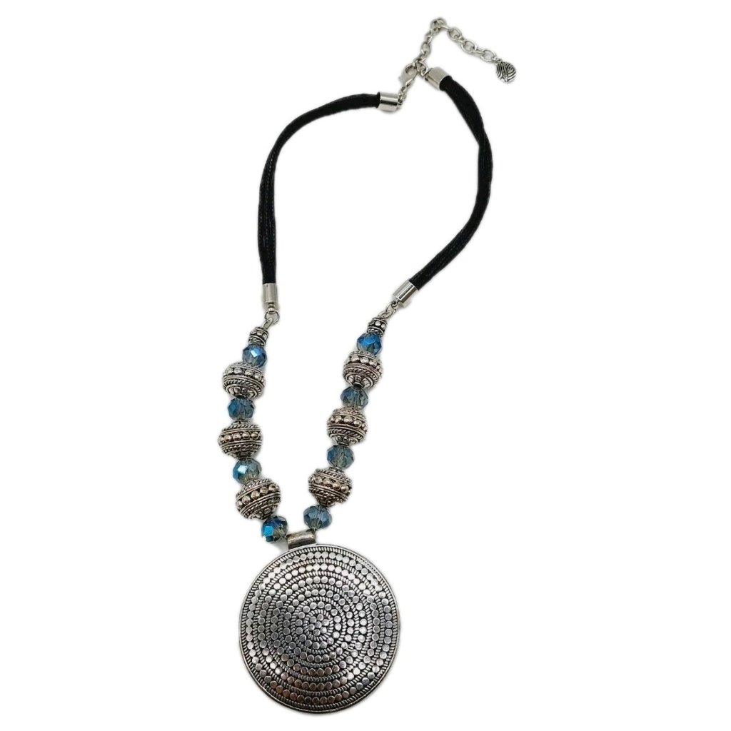 Boho Necklace Silver Tone Pendant Cord Blue Beaded Rhinestone Choker 15$